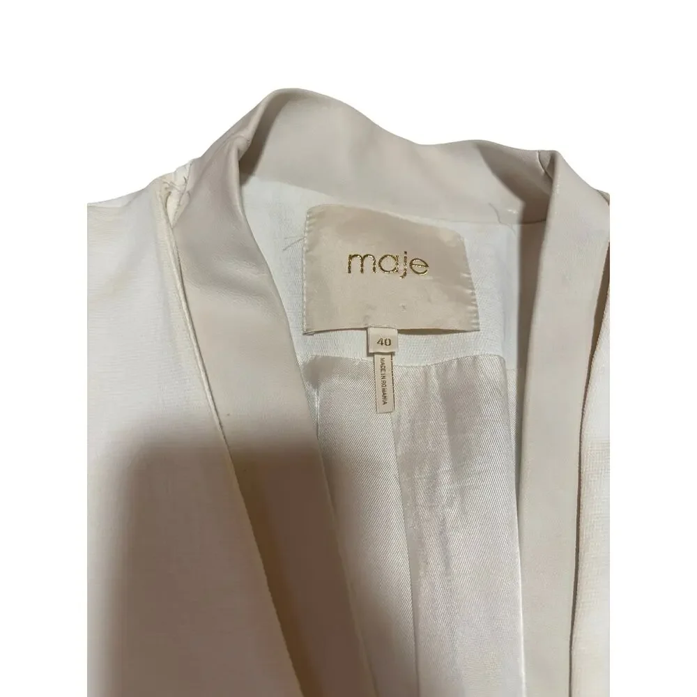 Maje Ivory Crepe Blazer Leather Trim Tailored Career Jacket US 8